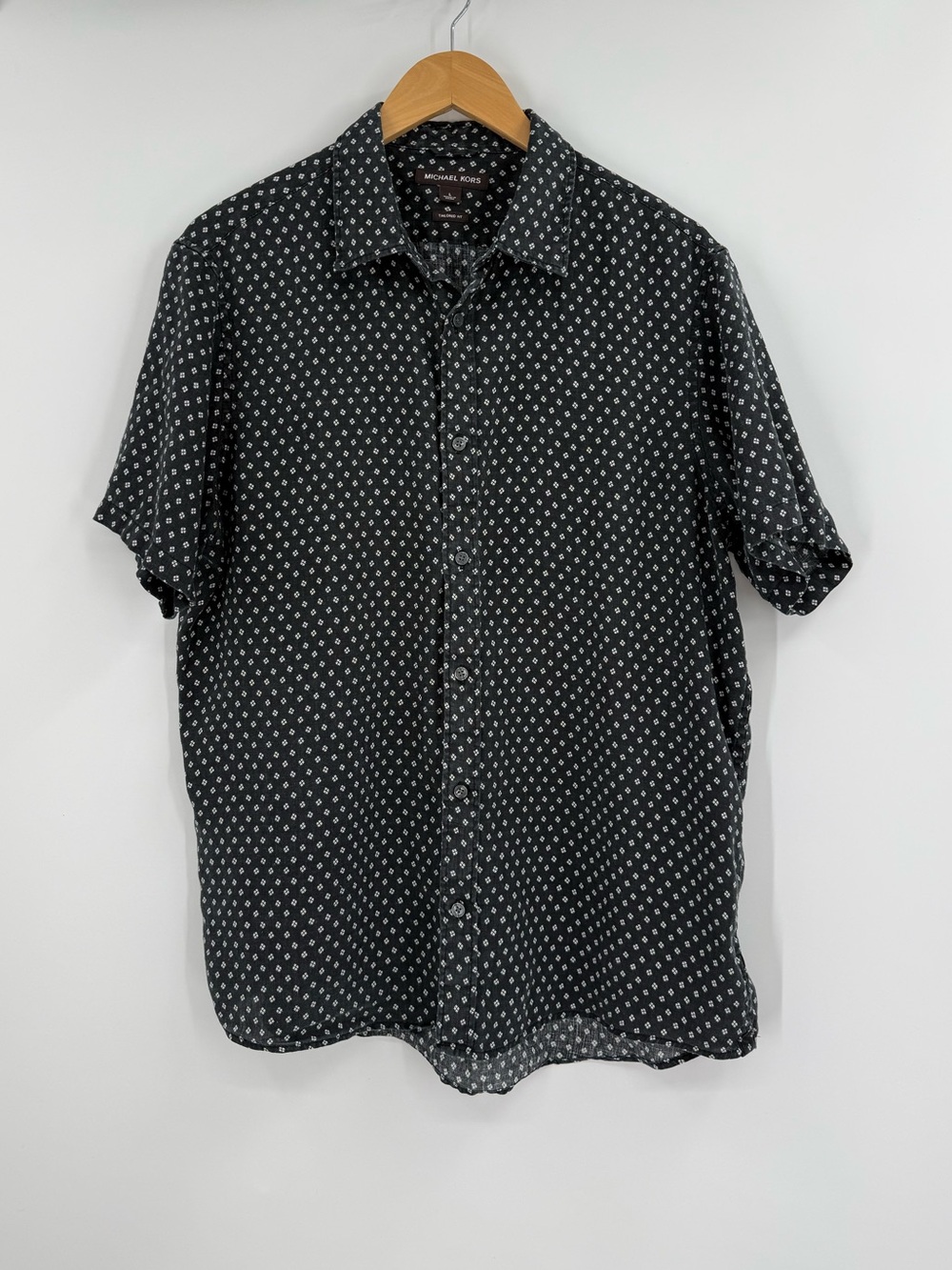 Michael Kors Mens Linen Geo Print Short Sleeve Shirt Tailored Fit | Black | L
